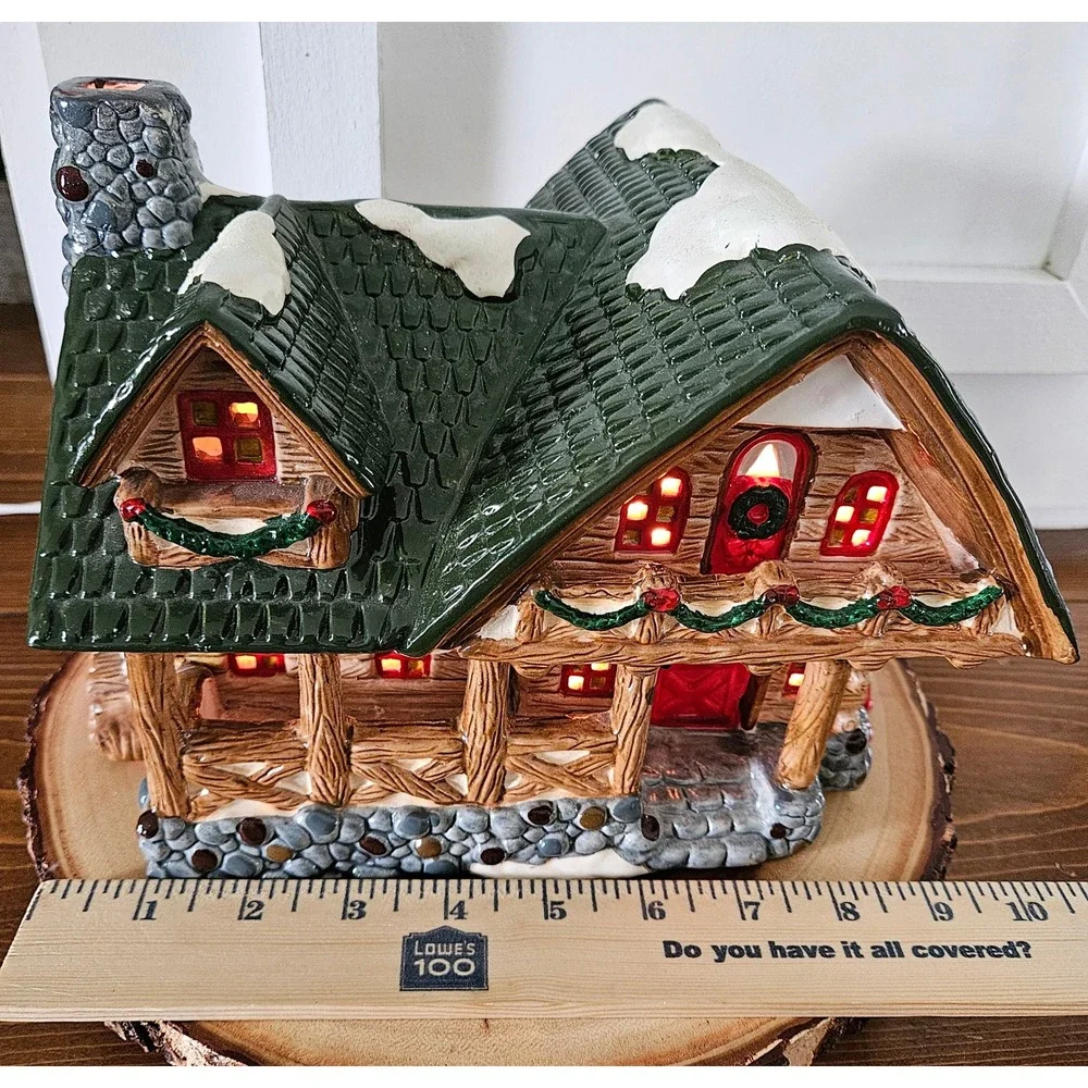 VTG 90's Welcome to Christmas in Vermont log lodge moosehead ceramic village